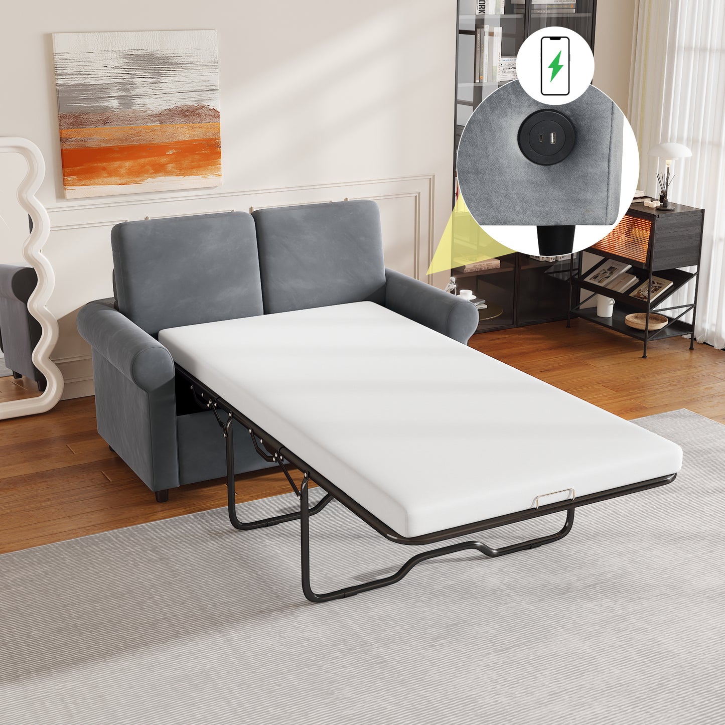 57.4" Pull Out Sofa Bed,Sleeper Sofa Bed with Premium Twin Size Mattress Pad,2-in-1 Pull Out Couch Bed with Two USB Ports for Living Room,Small Apartment, Gray (Old SKU:WF296899) House to Home Furnishings LLC