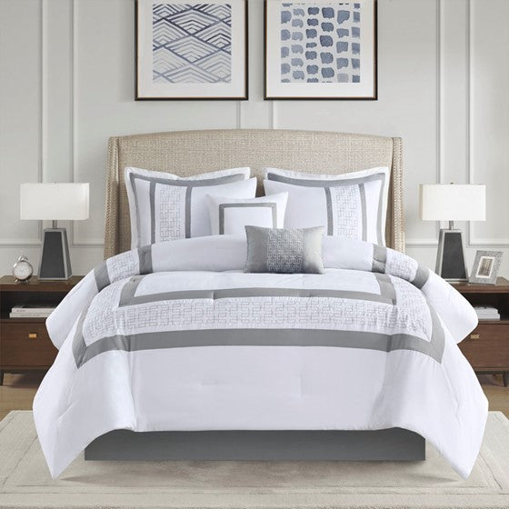 8 Piece Embroidered Comforter Set White Queen Olliix.com