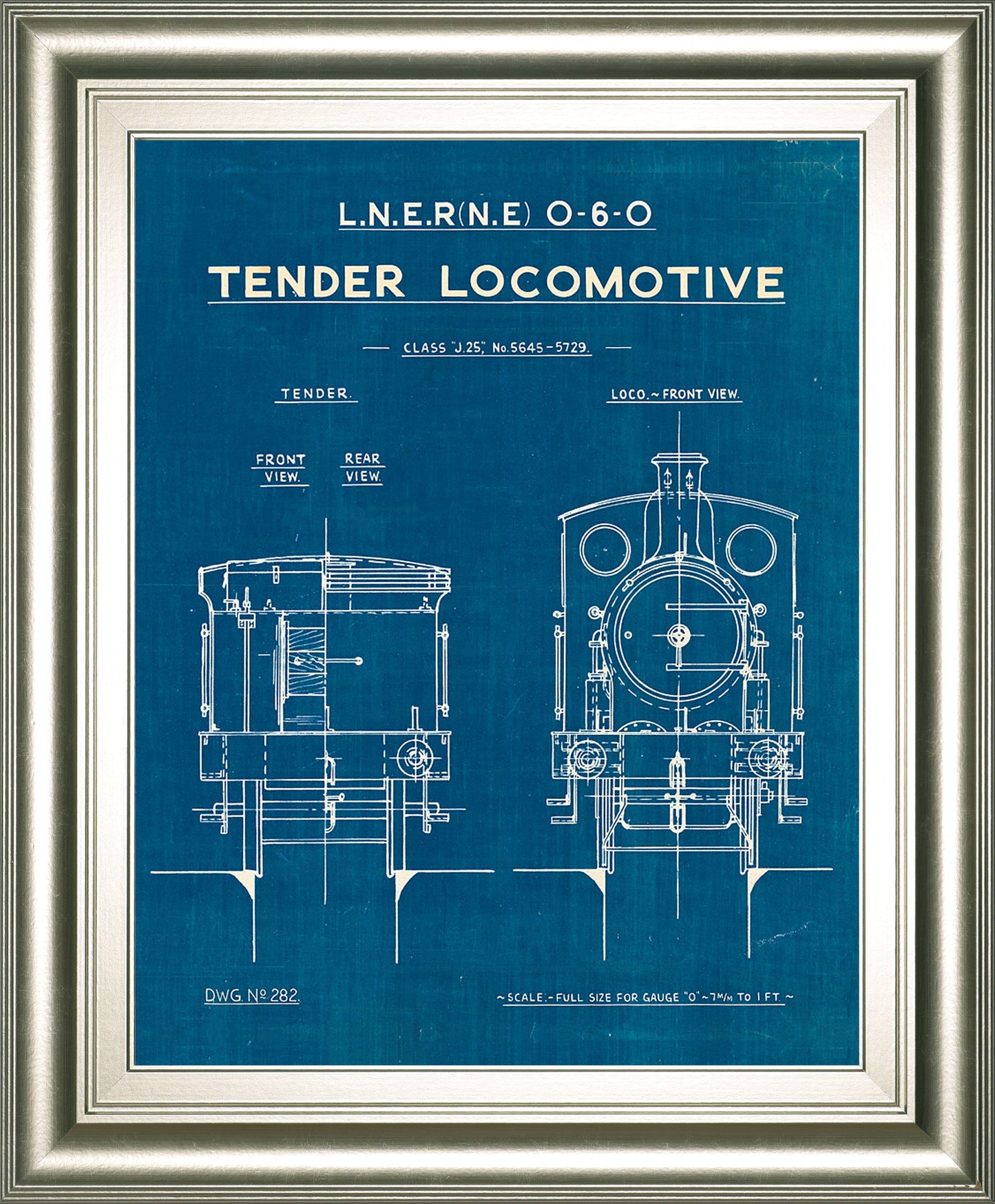 Locomotive Blueprint III By Wild Apple Portfolio - Framed Print Wall Art - Blue Classy Art