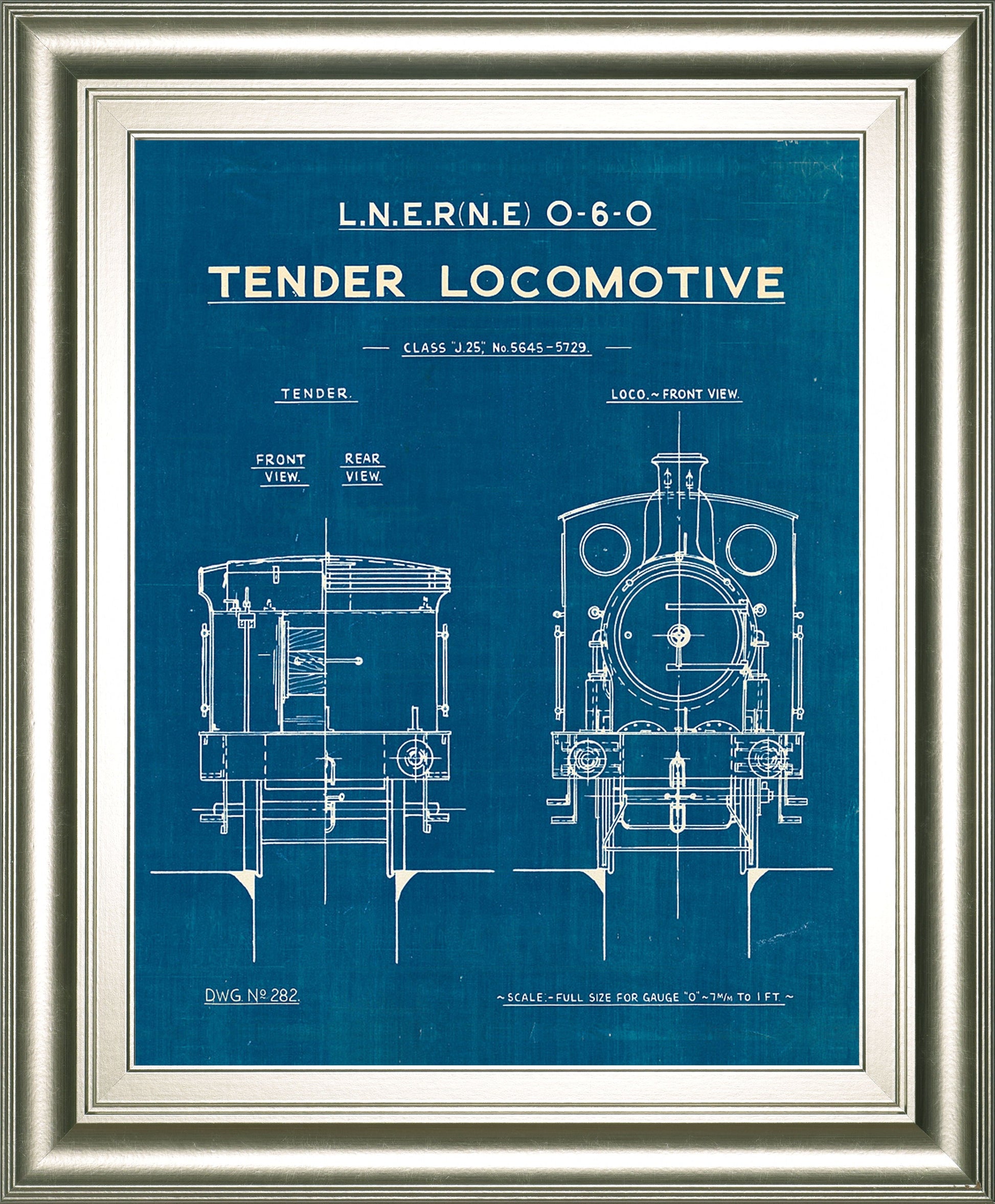 Locomotive Blueprint III By Wild Apple Portfolio - Framed Print Wall Art - Blue Classy Art