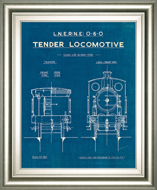Locomotive Blueprint III By Wild Apple Portfolio - Framed Print Wall Art - Blue Classy Art