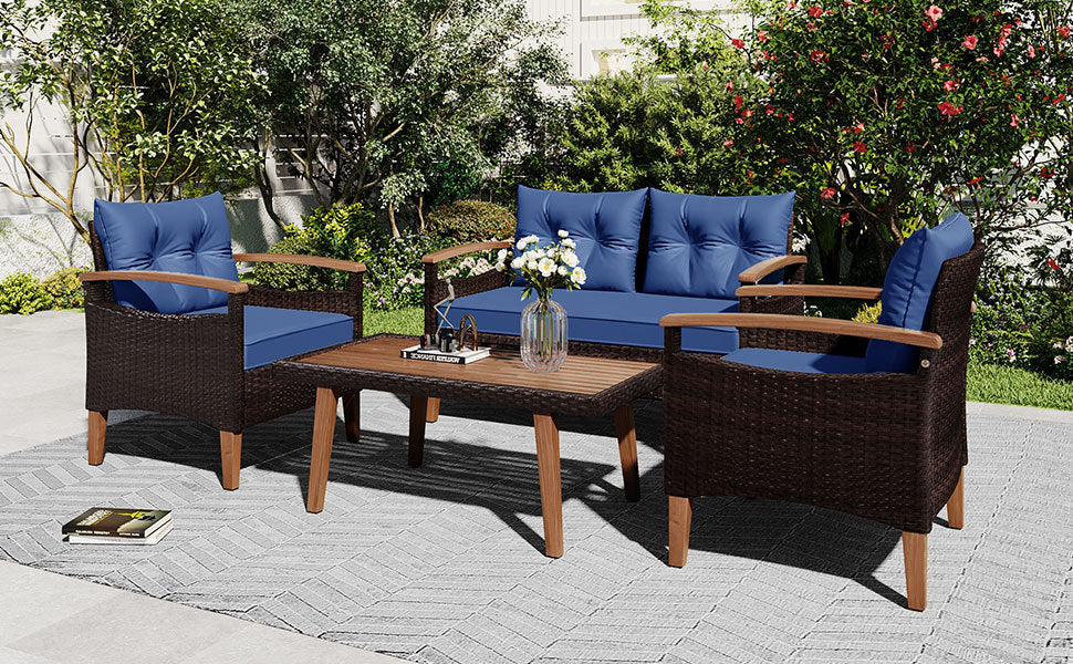 GO 4-Piece Garden Furniture,  Patio Seating Set, PE Rattan Outdoor Sofa Set, Wood Table and Legs, Brown and Blue House to Home Furnishings LLC