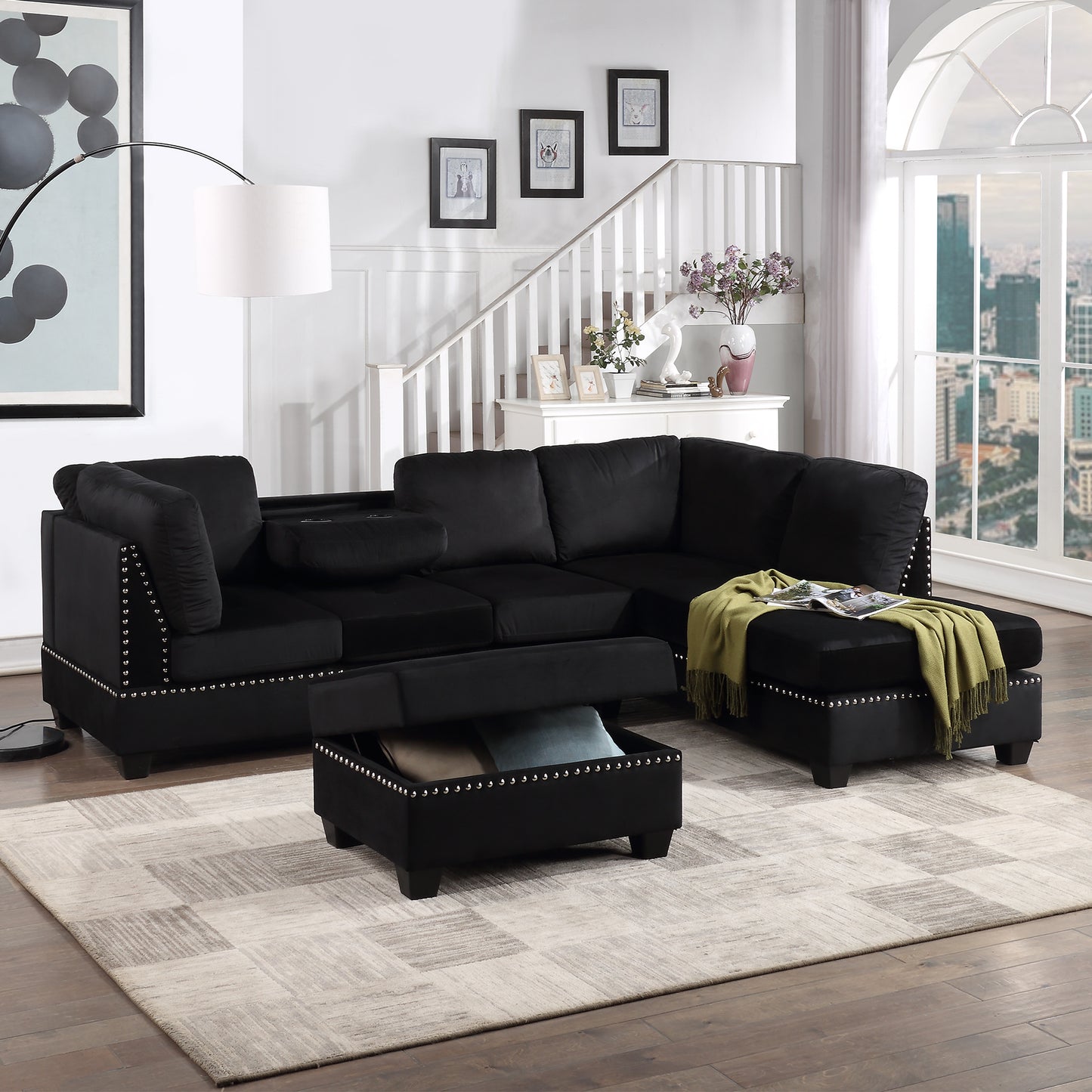 104.5" Reversible Sectional Sofa Space Saving with Storage Ottoman Rivet Ornament L-
shape Couch for Small or Large Space Dorm Apartment,Black(Old:SG000406AAA) House to Home Furnishings LLC