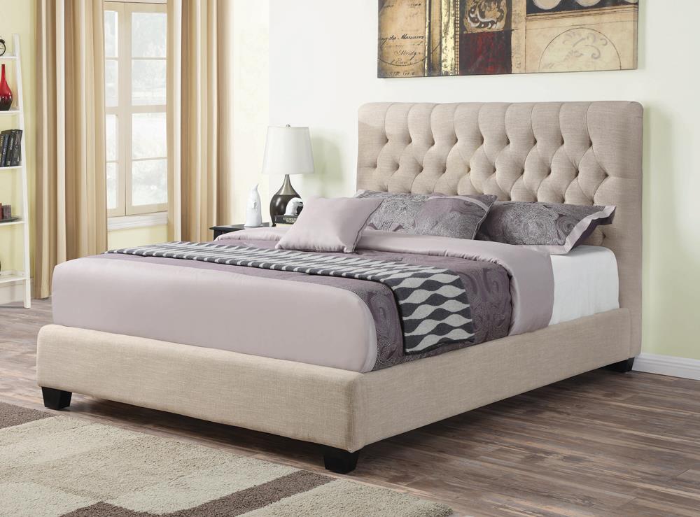 Chloe Transitional Oatmeal Upholstered Eastern King Bed Coaster Z2 Premium