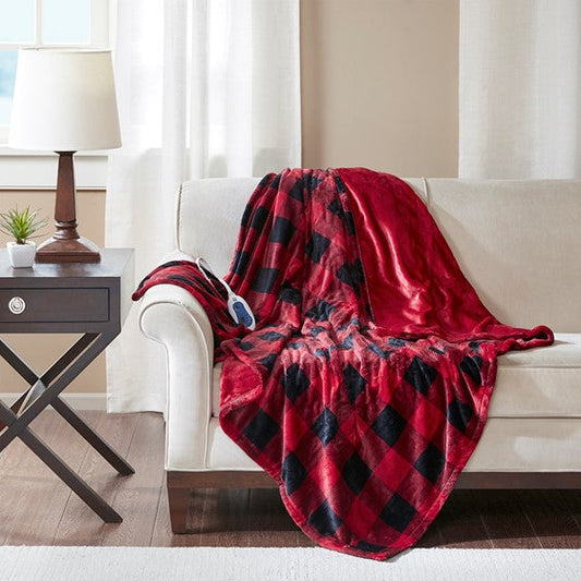 Oversized Heated Plush Throw Buffalo Check Red Olliix.com