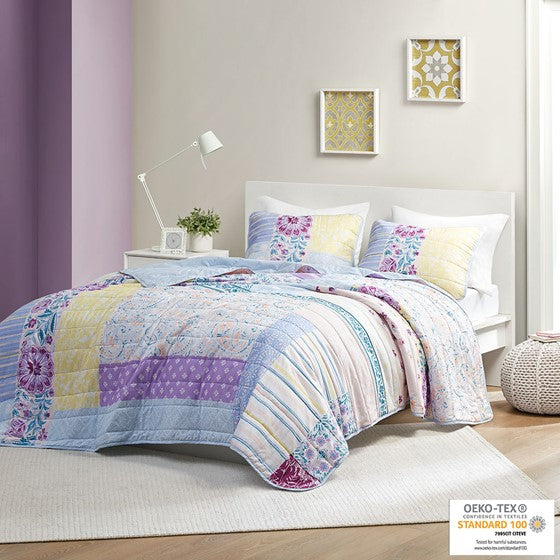 Patchwork Printed Cotton Reversible Coverlet Set Blue/Purple Twin XL Olliix.com