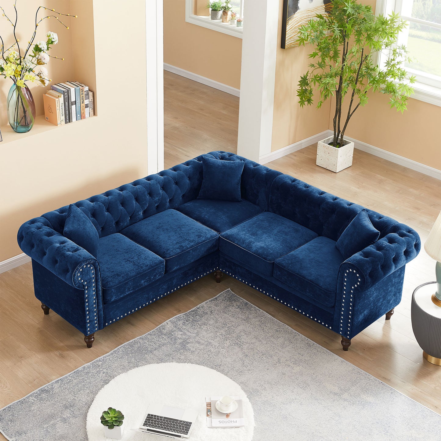 80" Inch Deep Button Tufted Upholstered Roll Arm Luxury Classic Chesterfield L-shaped Sofa 3 Pillows Included, Solid Wood Gourd Legs, Blue Velvet House to Home Furnishings LLC