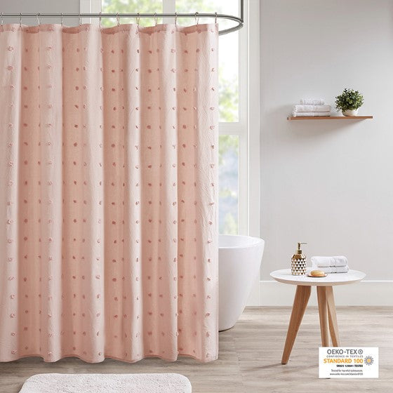 Brooklyn Cotton Jacquard Pom Pom Shower Curtain Pink Olliix.com