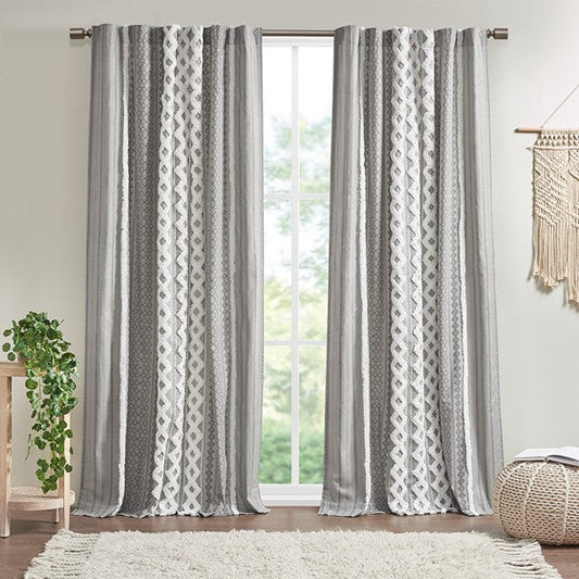 Cotton Printed Curtain Panel with Chenille Stripe and Lining Gray Olliix.com