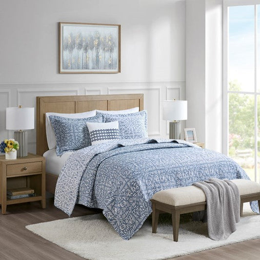 4 Piece Oversized Reversible Matelasse Coverlet Set with Throw Pillow Blue Full/Queen Olliix.com