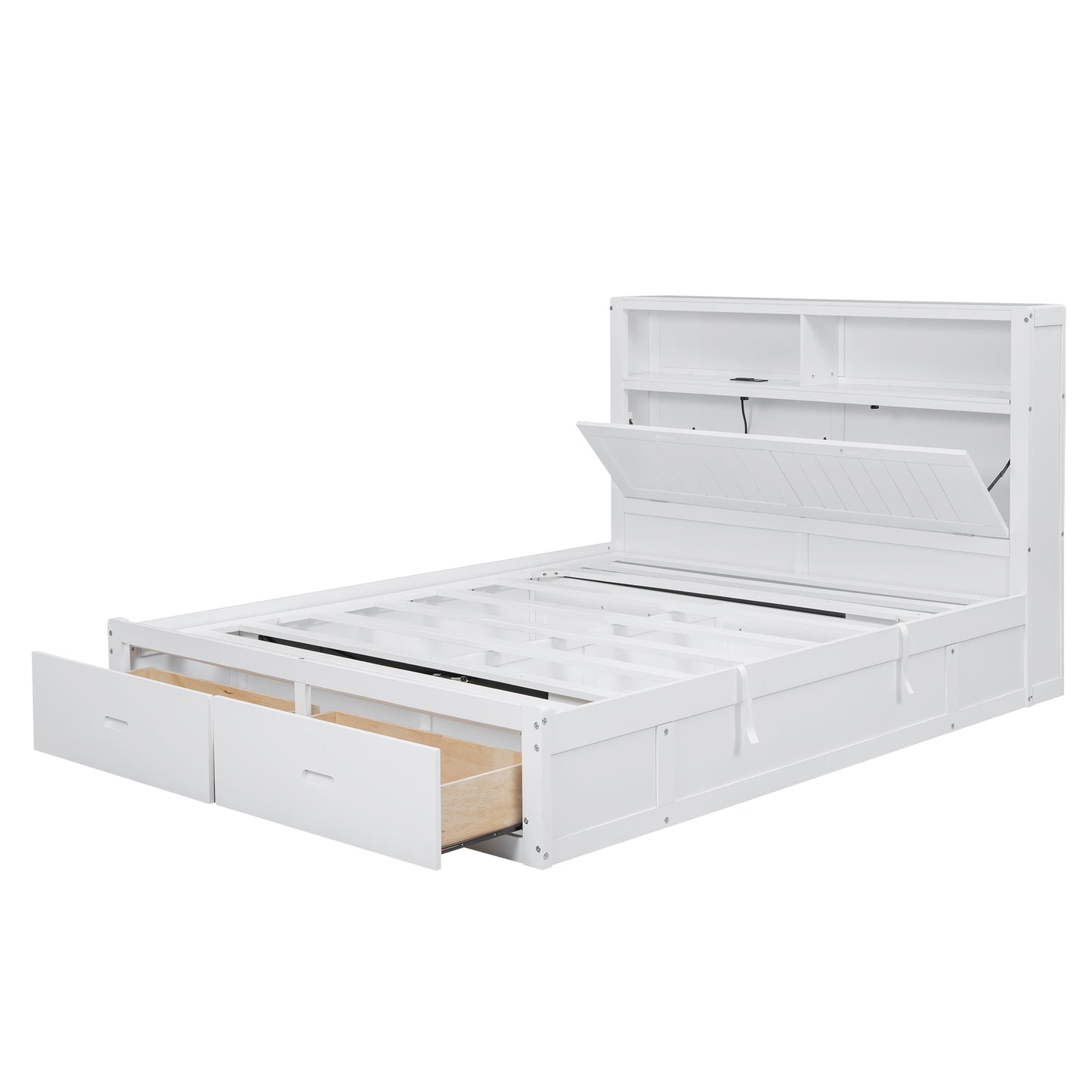 Wood Queen Size Hydraulic Platform Bed with Storage LED Headboard, Charging Station and 2 Drawers, White (FREE SHIPPING) House to Home Furnishings LLC