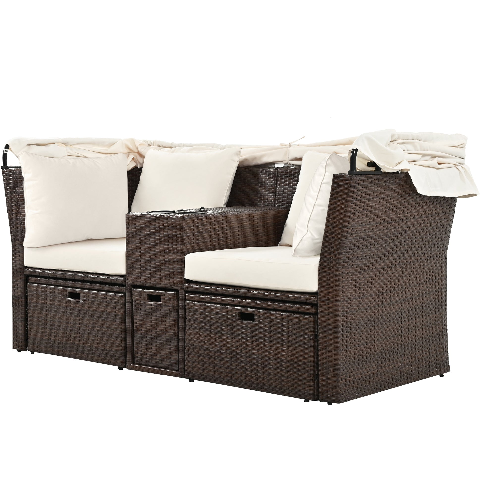 2-Seater Outdoor Patio Daybed Outdoor Double Daybed Outdoor Loveseat Sofa Set with Foldable Awning and Cushions for Garden, Balcony, Poolside, Beige ***(FREE SHIPPING)*** House to Home Furnishings LLC