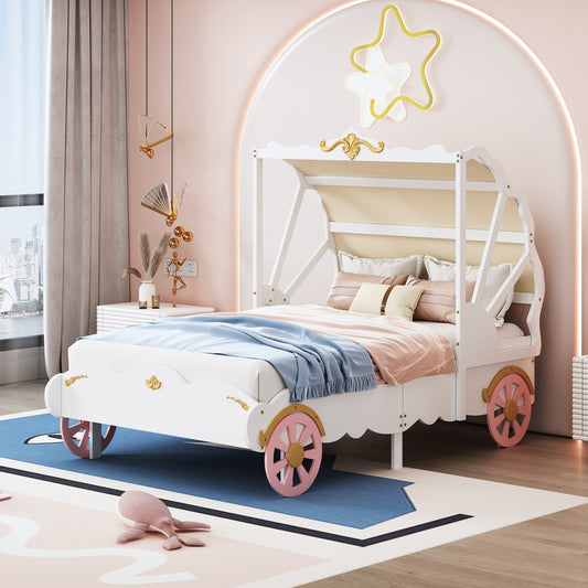 Twin Size Princess Carriage Bed with Canopy, Wood Platform Car Bed with 3D Carving Pattern, White+Pink+Gold House to Home Furnishings LLC