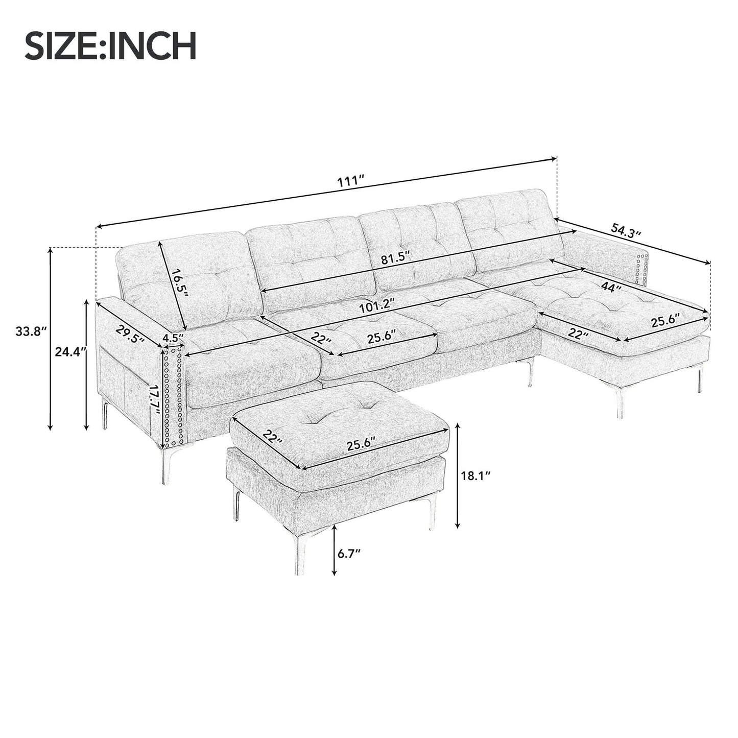 110" L-Shape Convertible Sectional Sofa Couch with Movable Ottoman for Living Room, Apartment, Office, Light Grey House to Home Furnishings LLC