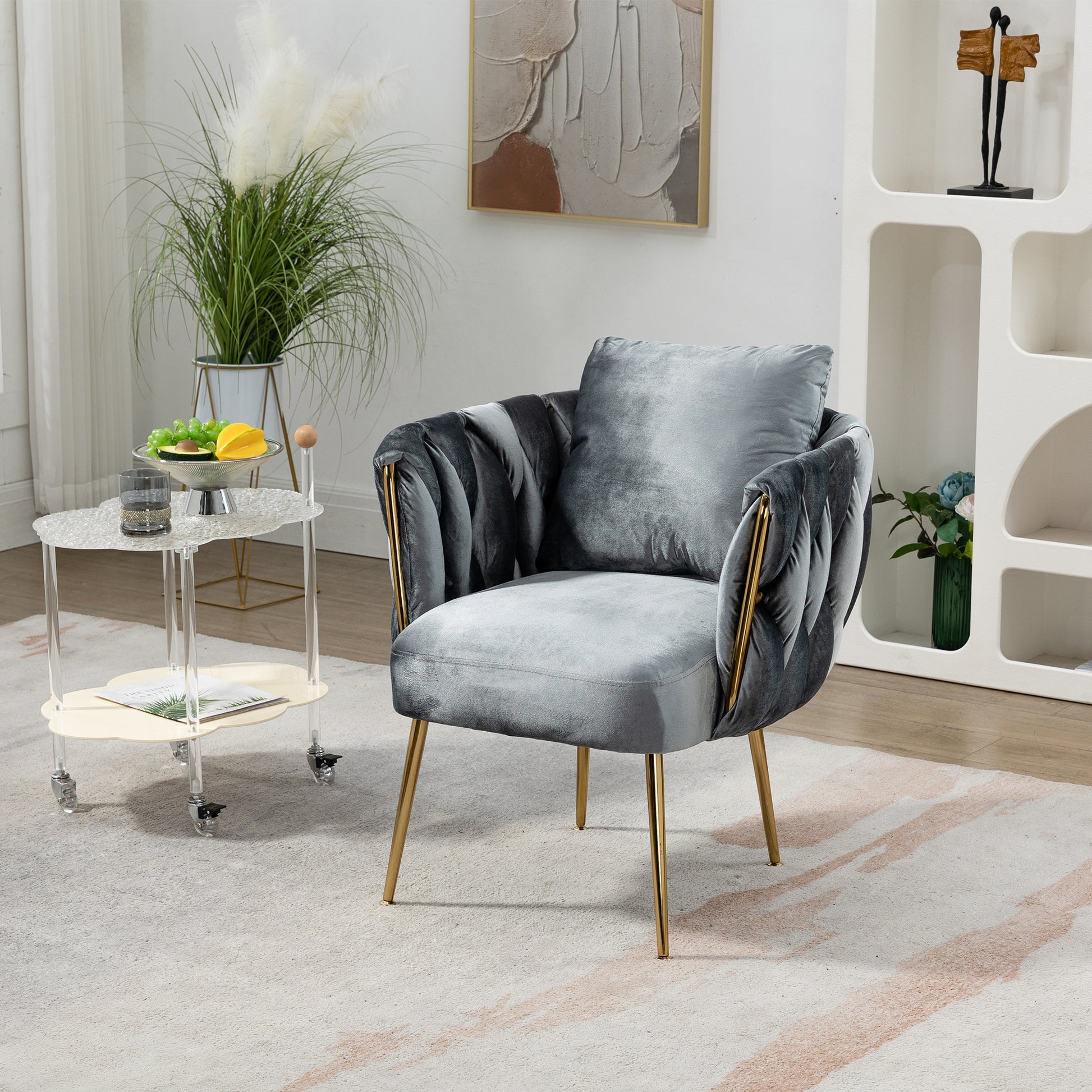 27.4" Wide Modern Velvet Accent Chair Armchair Handmade Weaving Upholstered Reading Chair Single Sofa with Gold Metal Leg and Throw Pillow for Living Room Bedroom Dorm Room Office, Gray Velvet ***(FREE SHIPPING)*** House to Home Furnishings LLC