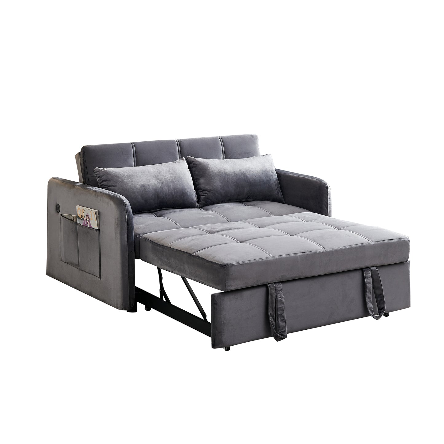 55.5" Twins Pull Out Sofa Bed  Grey Velvet House to Home Furnishings LLC