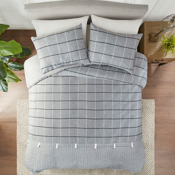 3 Piece Faux Linen Jacquard Duvet Cover Set Gray Cal King Olliix.com