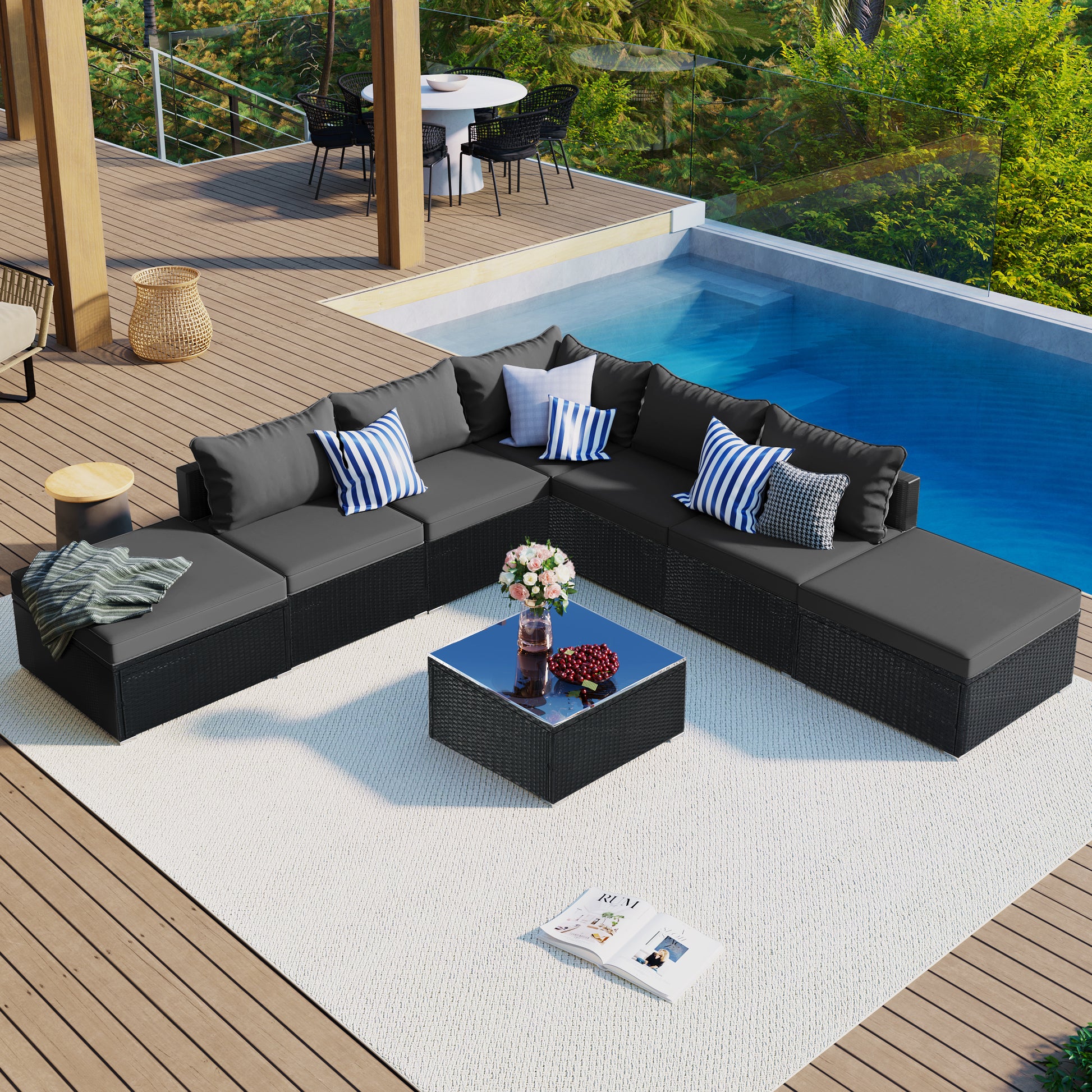 8-Pieces Sectional Sofa Outdoor Patio Furniture Sets, Garden Conversation Wicker Sofa Set, Single Sofa Combinable, Gray Cushions Black Wicker House to Home Furnishings LLC