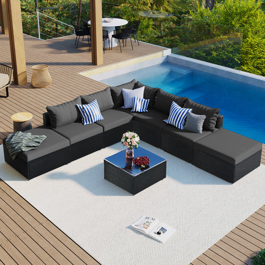 8-Pieces Sectional Sofa Outdoor Patio Furniture Sets, Garden Conversation Wicker Sofa Set, Single Sofa Combinable, Gray Cushions Black Wicker