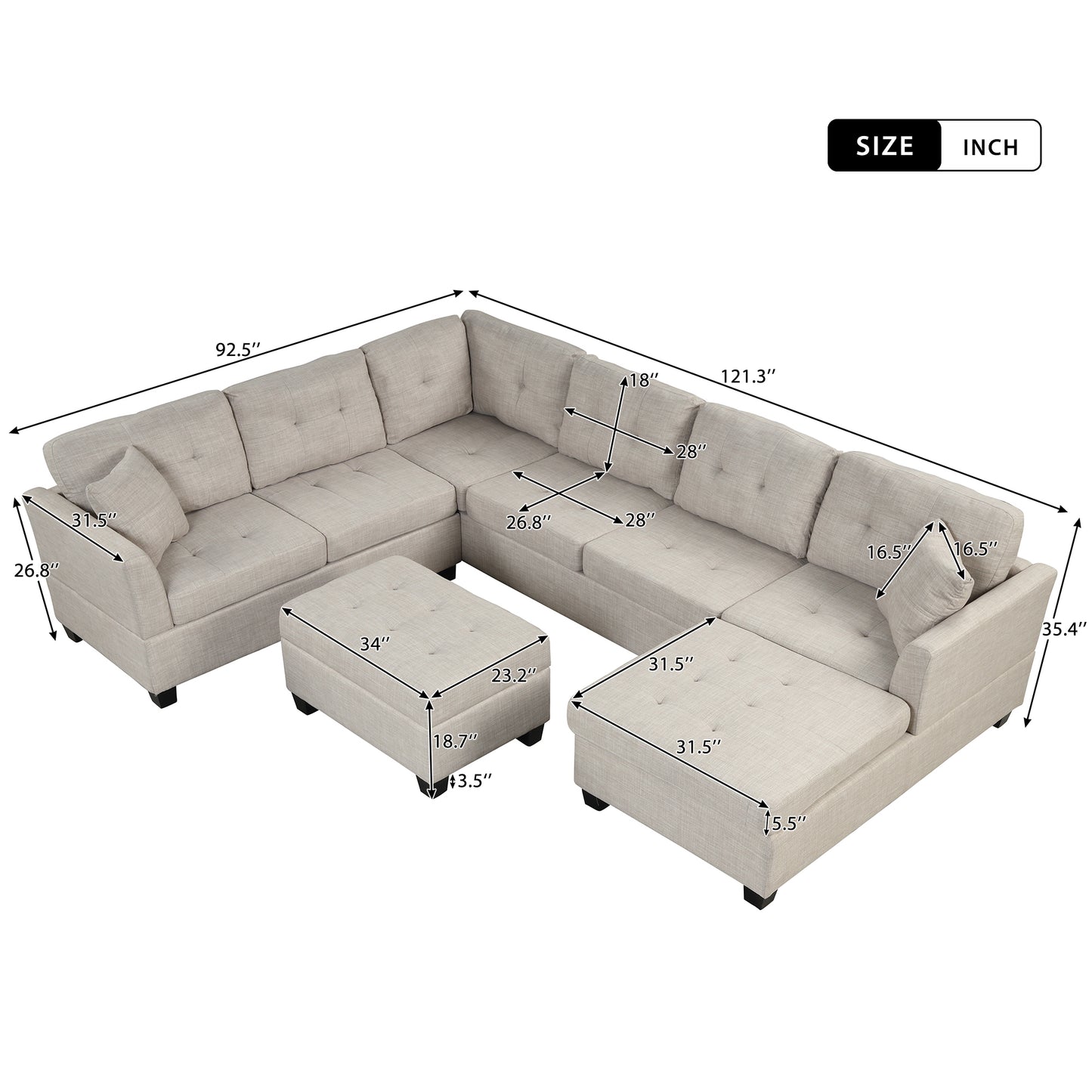 121.3" Oversized Sectional Sofa with Storage Ottoman, U Shaped Sectional Couch with 2 Throw Pillows for Large Space Dorm Apartment House to Home Furnishings LLC