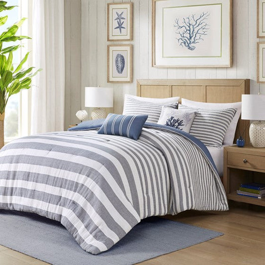 5 Piece Oversized Cotton Stripe Comforter Set White/Blue Cal King Olliix.com