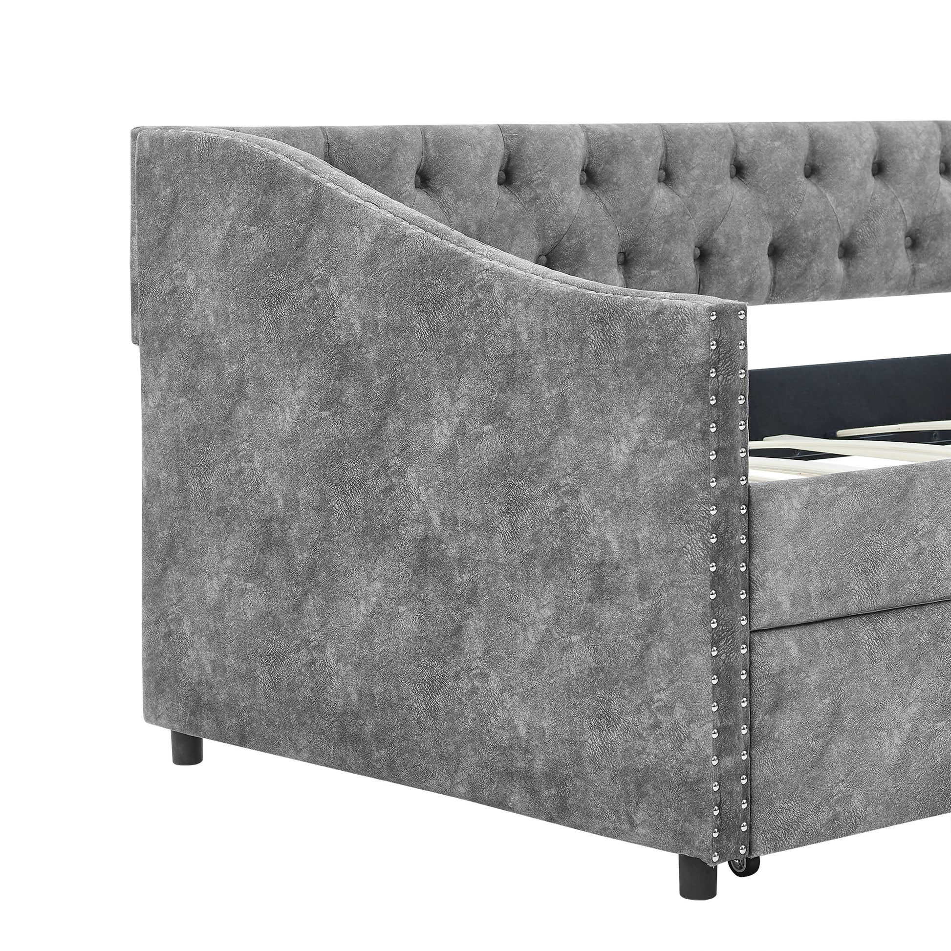 Twin Size Daybed with Drawers Upholstered Tufted Sofa Bed, with Button on Back and Copper Nail on Waved Shape Arms, Grey  (81.5''x4''x30.5'') House to Home Furnishings LLC