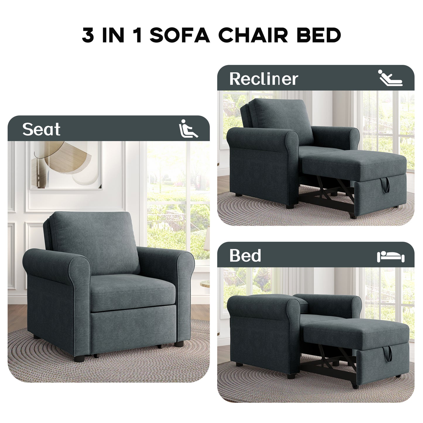 3-in-1 Sofa Bed Chair, Convertible Sleeper Chair Bed,Adjust Backrest Into a Sofa,Lounger Chair,Single Bed,Modern Chair Bed Sleeper for Adults,Deep Blue(Old sku:WF301161AAD) House to Home Furnishings LLC