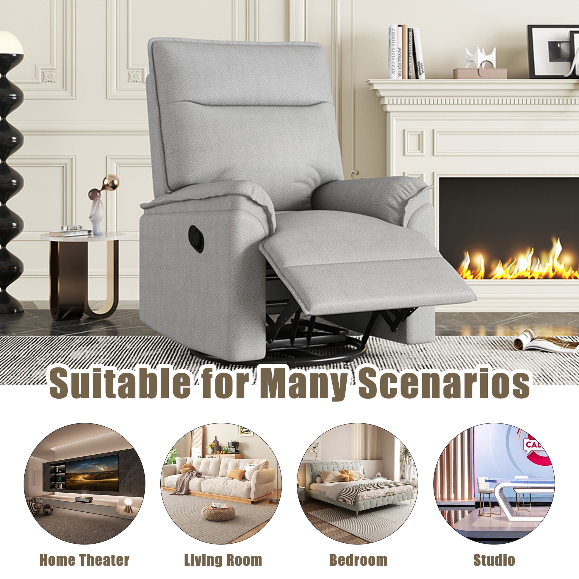 360° Degree Swivel Upholstered Manual Recliner Chair Theater Recliner Sofa Nursery Glider Rocker for Living Room, Grey House to Home Furnishings LLC