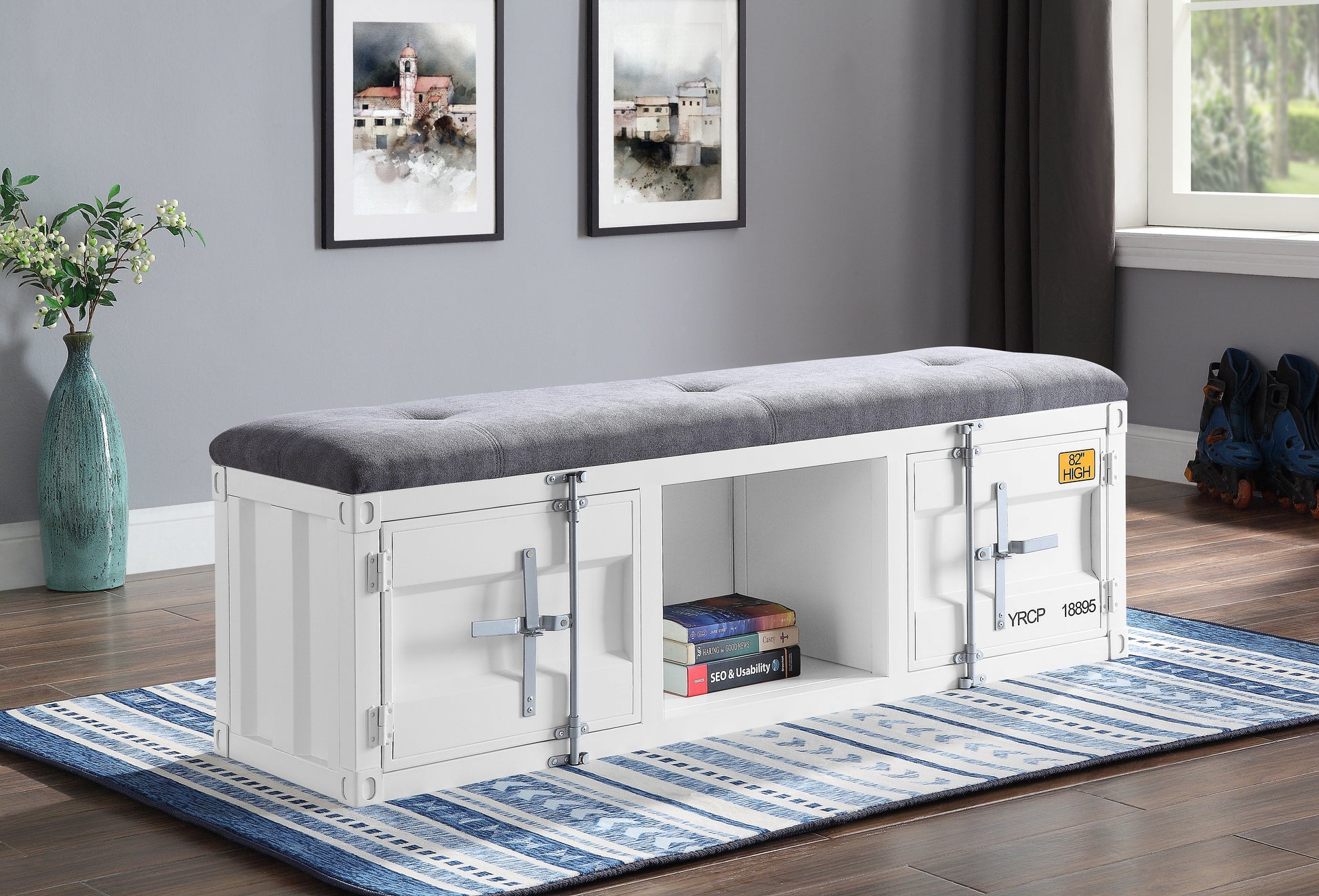 Cargo Gray Fabric & White Bench (Storage) ACME East