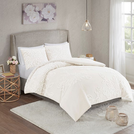 3 Piece Tufted Cotton Chenille Floral Comforter Set Off-White Full/Queen Olliix.com