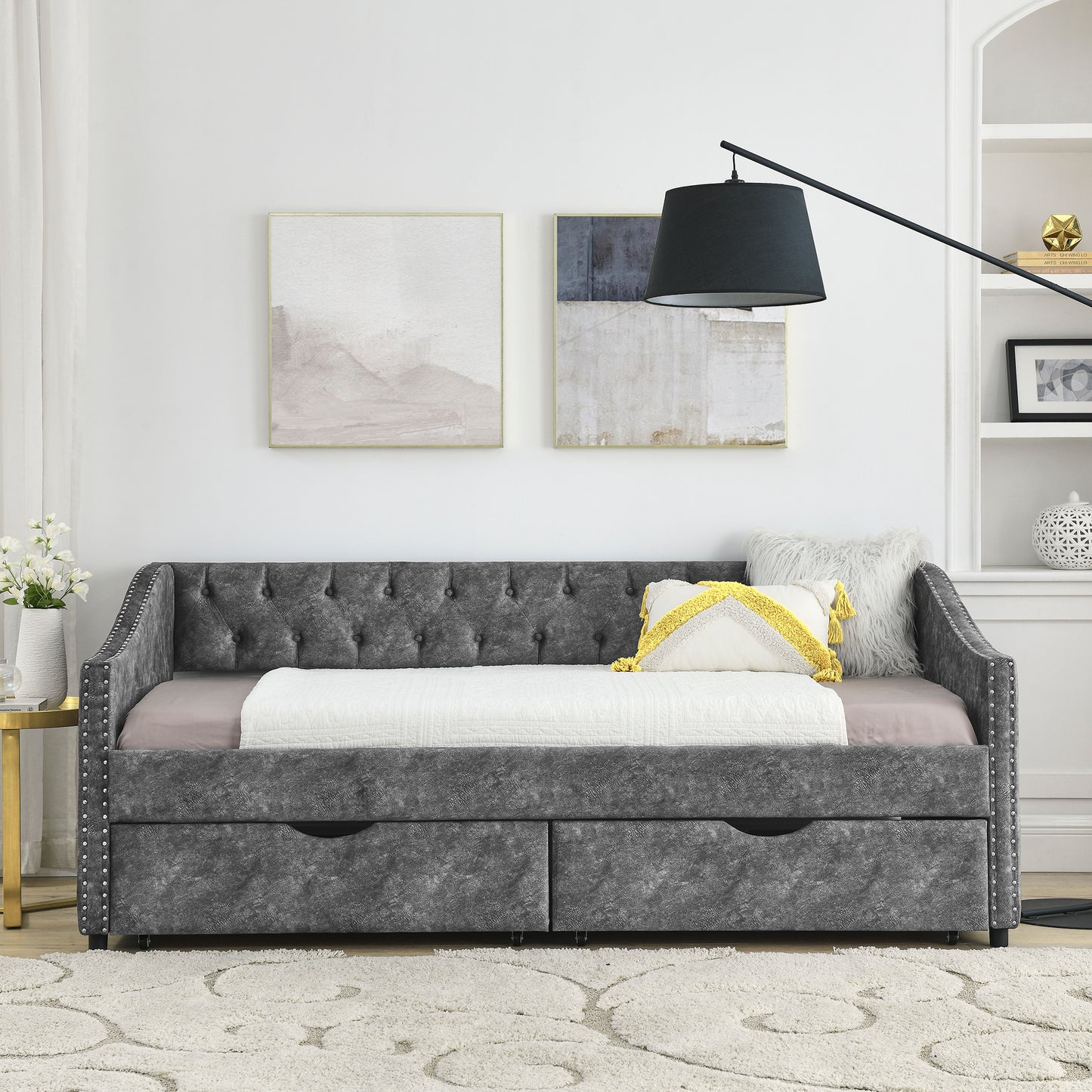 Twin Size Daybed with Drawers Upholstered Tufted Sofa Bed, with Button on Back and Copper Nail on Waved Shape Arms, Grey  (81.5''x4''x30.5'') House to Home Furnishings LLC