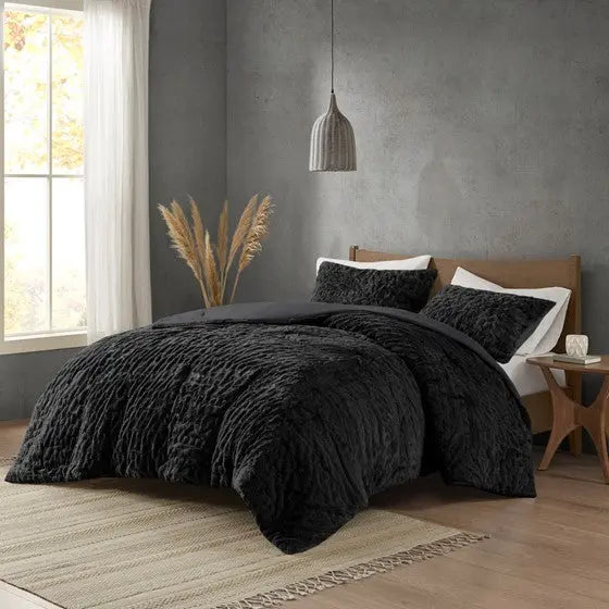 Ruched Fur Down Alternative Comforter Set Black Full/Queen Olliix.com