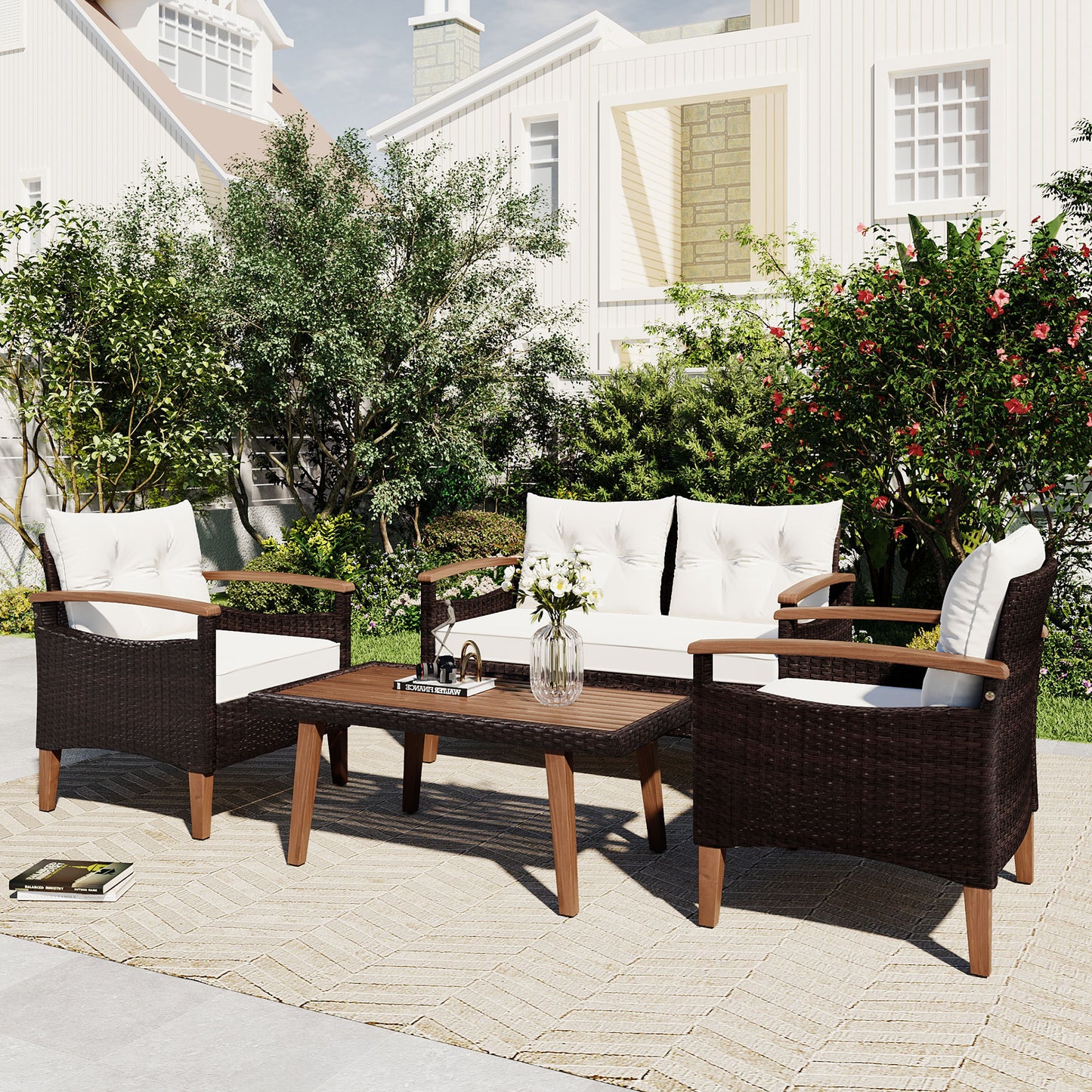 GO 4-Piece Garden Furniture,  Patio Seating Set, PE Rattan Outdoor Sofa Set, Wood Table and Legs, Brown and Beige House to Home Furnishings LLC