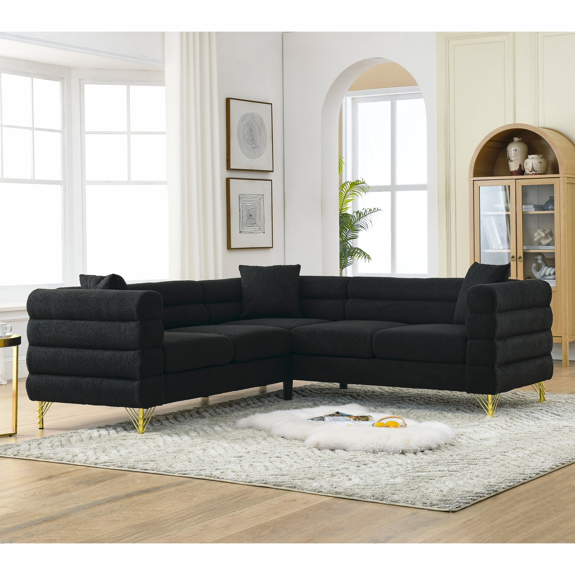 81.5-Inch Black Velvet Oversized Corner Sofa, L-Shaped Sectional Couch,   5-Seater Corner Sofas with 3 Cushions for Living Room, Bedroom, Apartment, Office House to Home Furnishings LLC