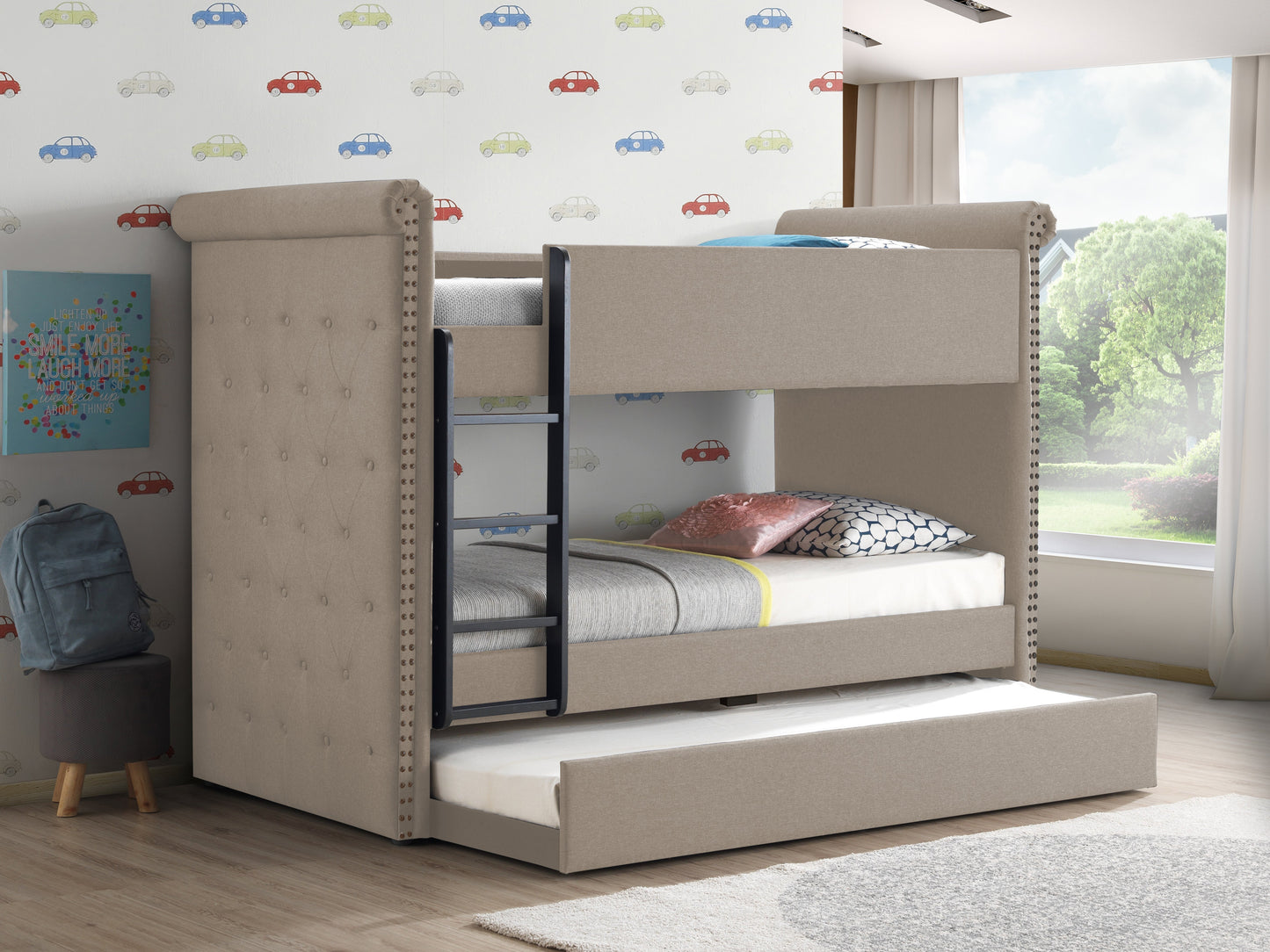 Romana II Beige Fabric Bunk Bed & Trundle (Twin/Twin) ACME East