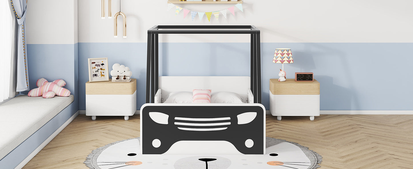 Twin Size Car-shaped Bed with Roof,Wooden Twin Floor Bed with wheels and door Design,Montessori Inspired Bedroom,Black House to Home Furnishings LLC