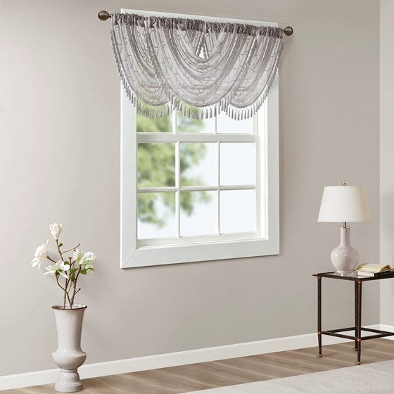 Diamond Sheer Embroidered Waterfall Valance Grey Olliix.com