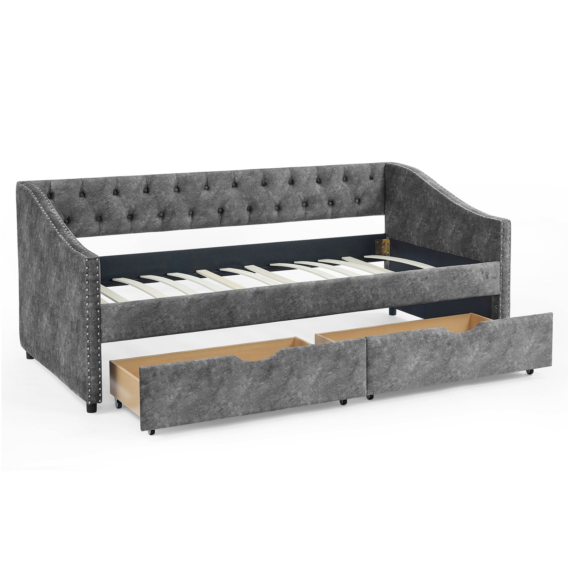 Twin Size Daybed with Drawers Upholstered Tufted Sofa Bed, with Button on Back and Copper Nail on Waved Shape Arms, Grey  (81.5''x4''x30.5'') House to Home Furnishings LLC