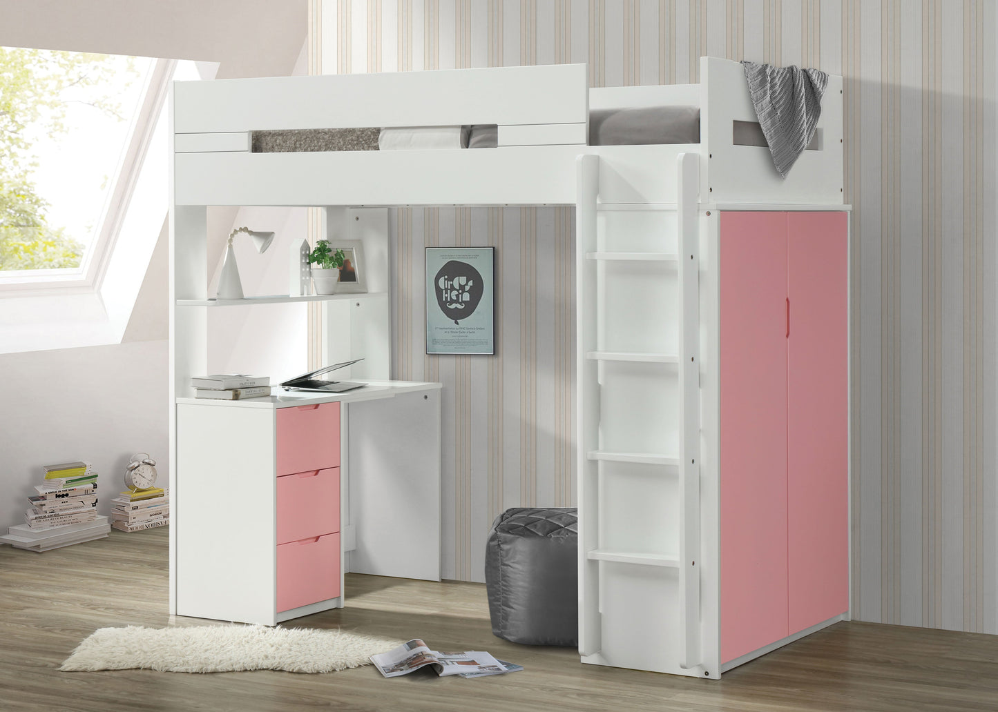 Nerice White & Pink Loft Bed ACME East