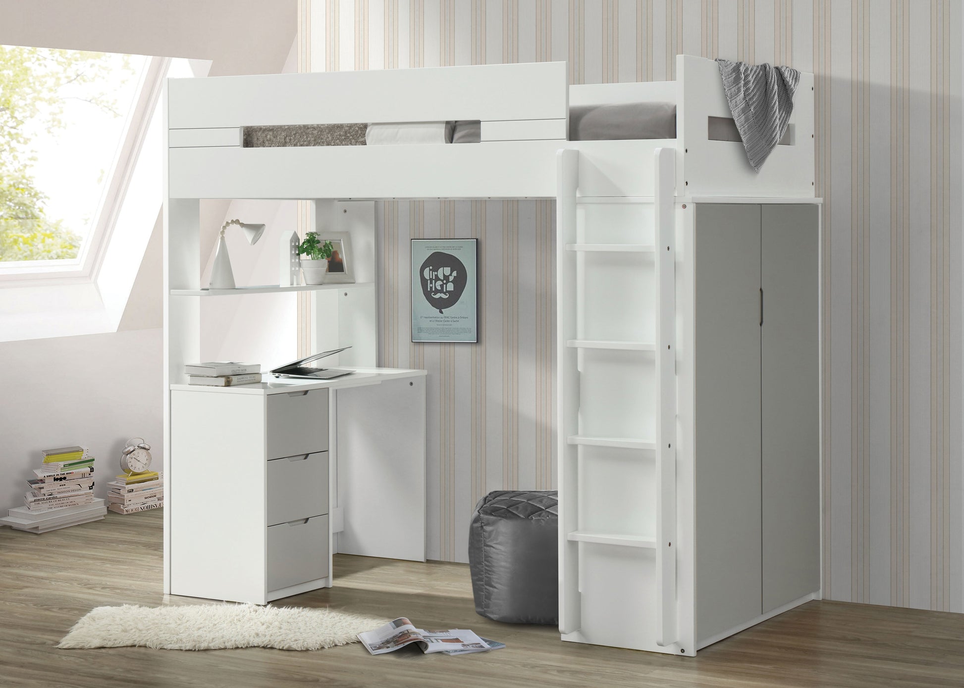 Nerice White & Gray Loft Bed ACME East