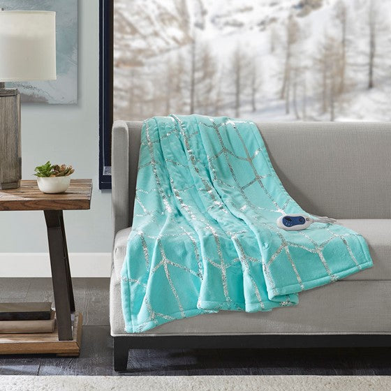 Heated Metallic Print Throw Aqua Olliix.com