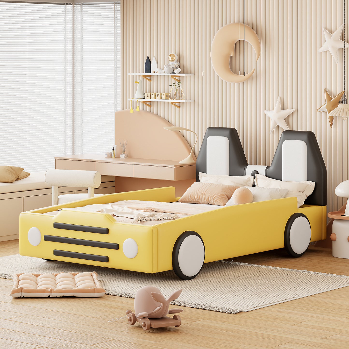 Twin Size Race Car-Shaped Platform Bed with Wheels,Yellow House to Home Furnishings LLC