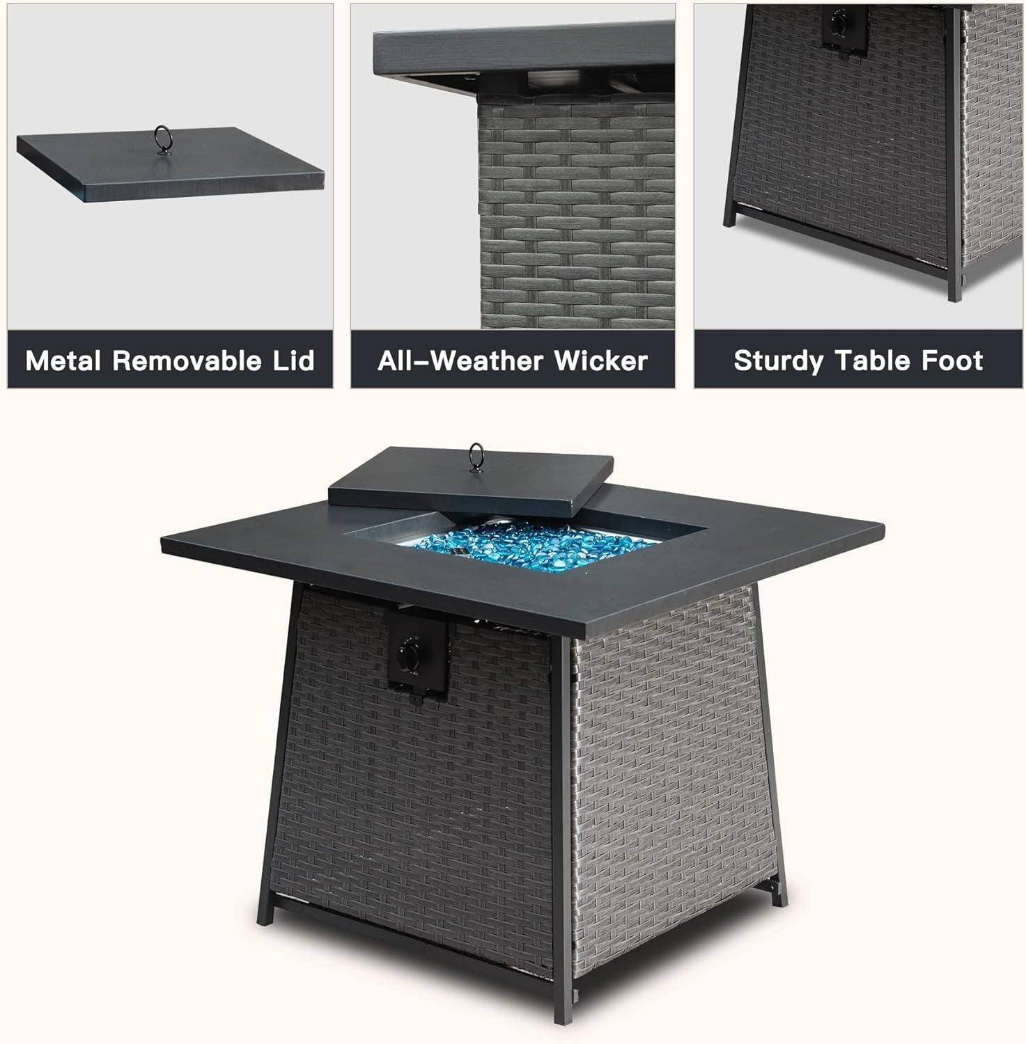 32 Inch Propane Fire Pits Table with Blue Glass Ball,50,000 BTU Outdoor Wicker Fire Table with ETL-Certified,2-in-1 Square Steel Gas Firepits (Dark Gray) House to Home Furnishings LLC