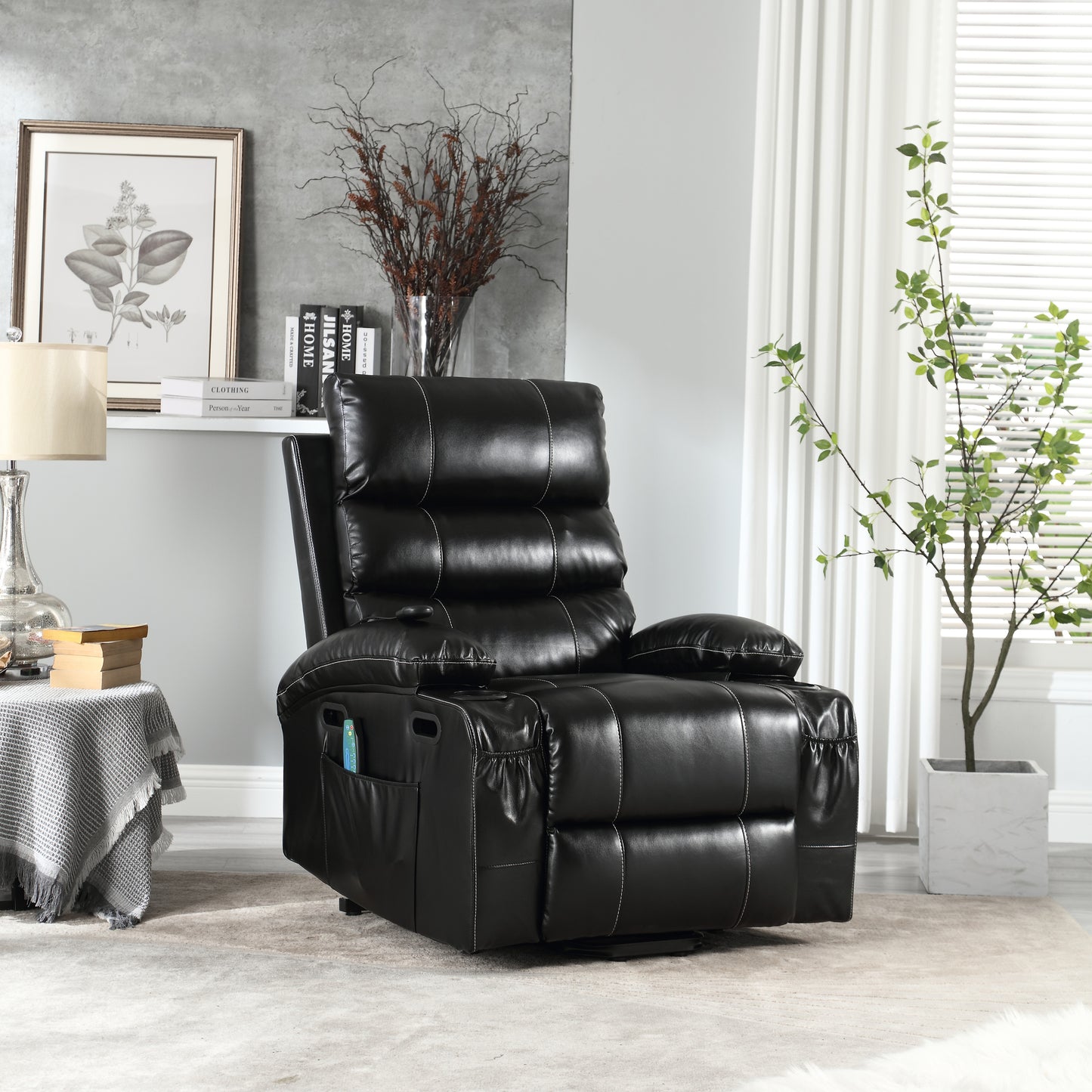 21" Seat Width, Large Size Electric Power Lift Recliner Chair Sofa for Elderly, 8 Point Vibration Massage and Lumber HEAT🔥, Remote Control, Side Pockets and Cup Holders, Cozy Fabric, Overstuffed Arm pu House to Home Furnishings LLC