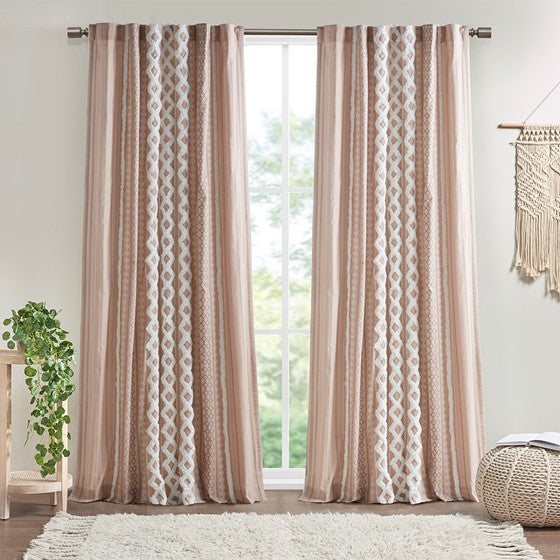 Cotton Printed Curtain Panel with Chenille Stripe and Lining Blush Olliix.com