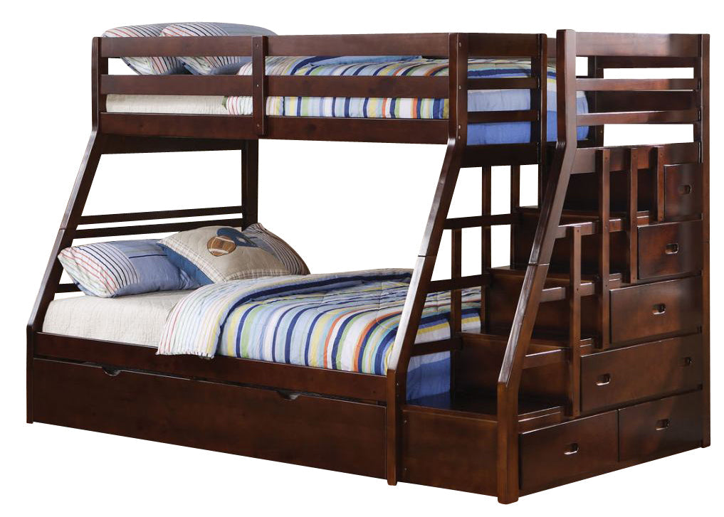 Acme Jason Twin over Full Bunk Bed with Storage Ladder and Trundle in Espresso 37015 ACME East