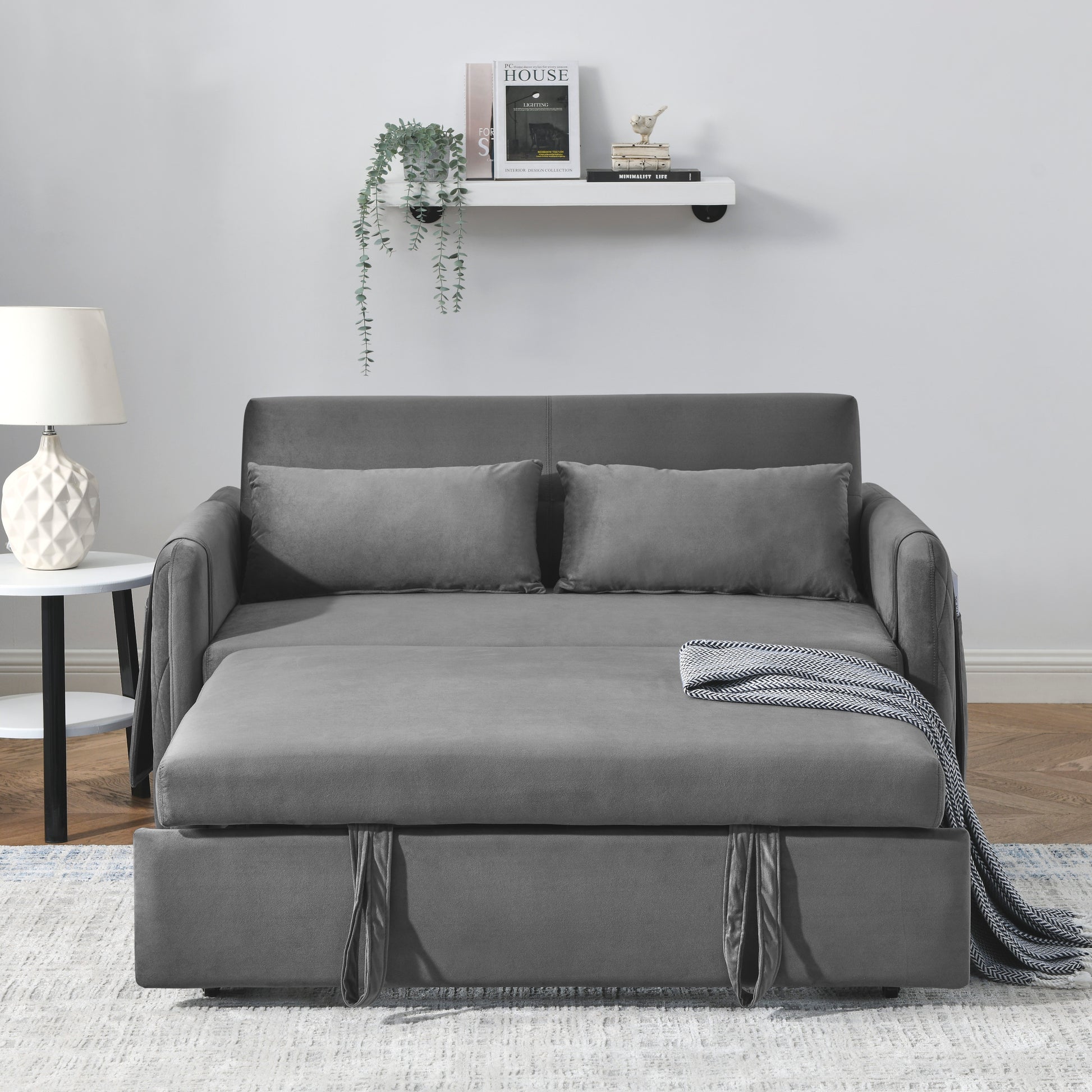 55" Modern Convertible Sofa Bed with 2 Detachable Arm Pockets, Velvet Loveseat Sofa with Pull Out Bed, 2 Pillows and Living Room Adjustable Backrest, Grid Design Armrests House to Home Furnishings LLC