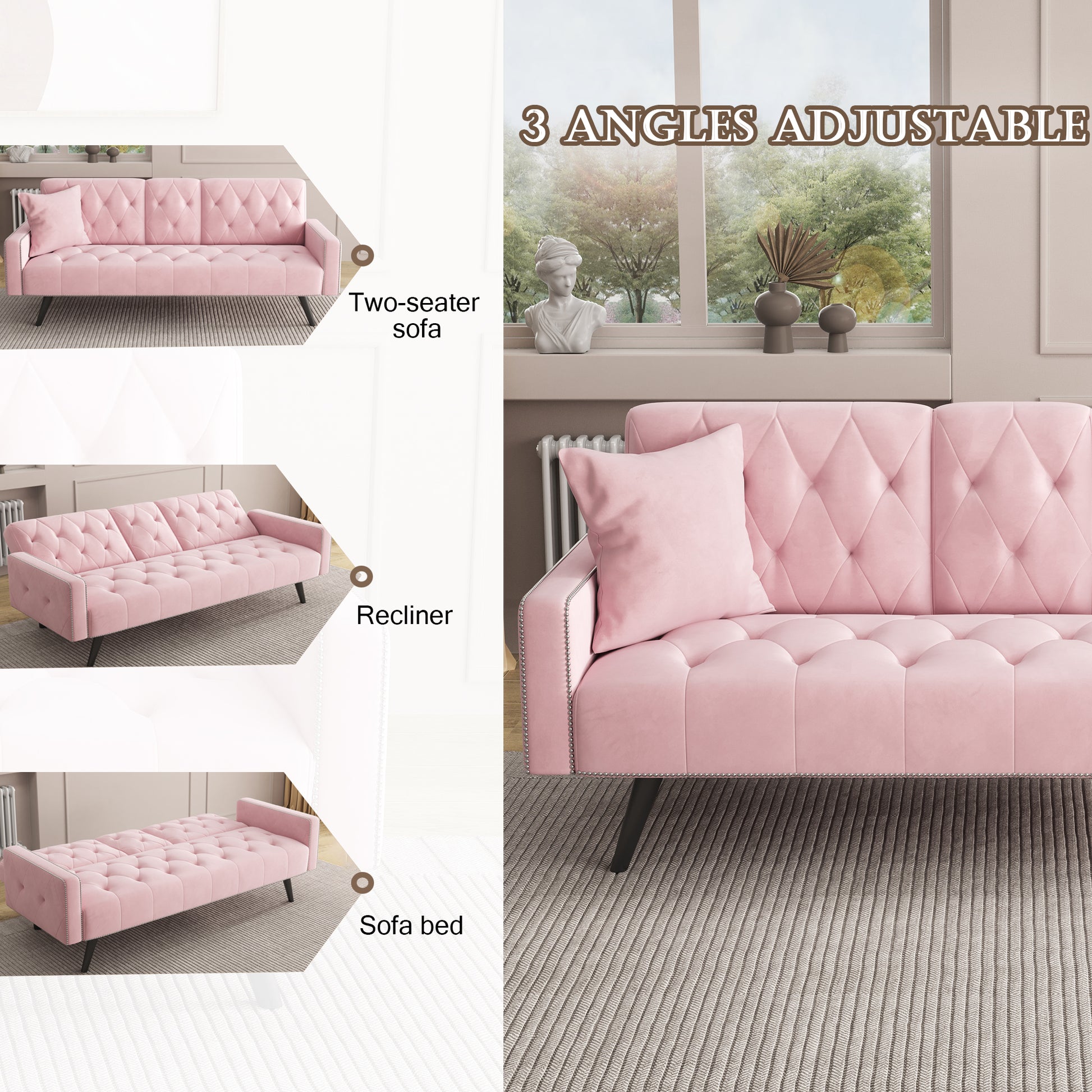 1730 Sofa Bed Armrest with Nail Head Trim with Two Cup Holders 72" Premium Pink Velvet  Sofa for Small Spaces House to Home Furnishings LLC