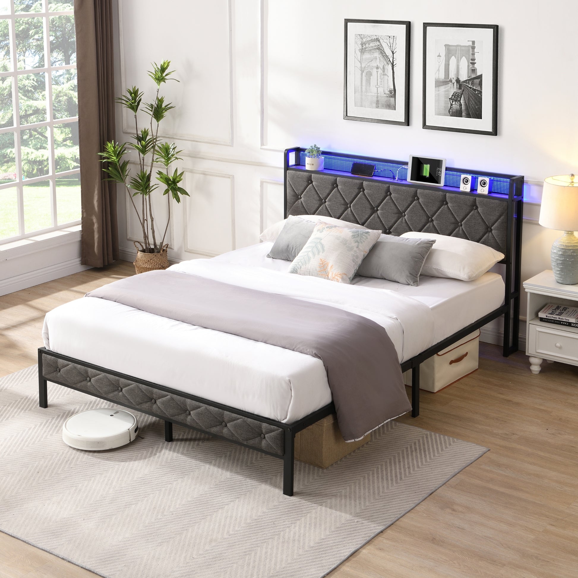 Full Bed Frame with  Storage Headboard, Charging Station and LED Lights, Upholstered Platform Bed with Heavy Metal Slats, No Box Spring Needed, Noise Free, Easy Assembly, Dark Gray House to Home Furnishings LLC