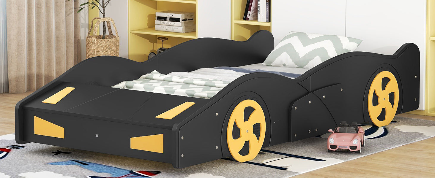 Twin Size Race Car-Shaped Platform Bed with Wheels and Storage, Black+Yellow House to Home Furnishings LLC